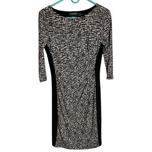 RALPH LAUREN Women Sz 6 Black/Ivory 3/4 Sleeve Jersey Knit Sheath‎ Dress Rushing